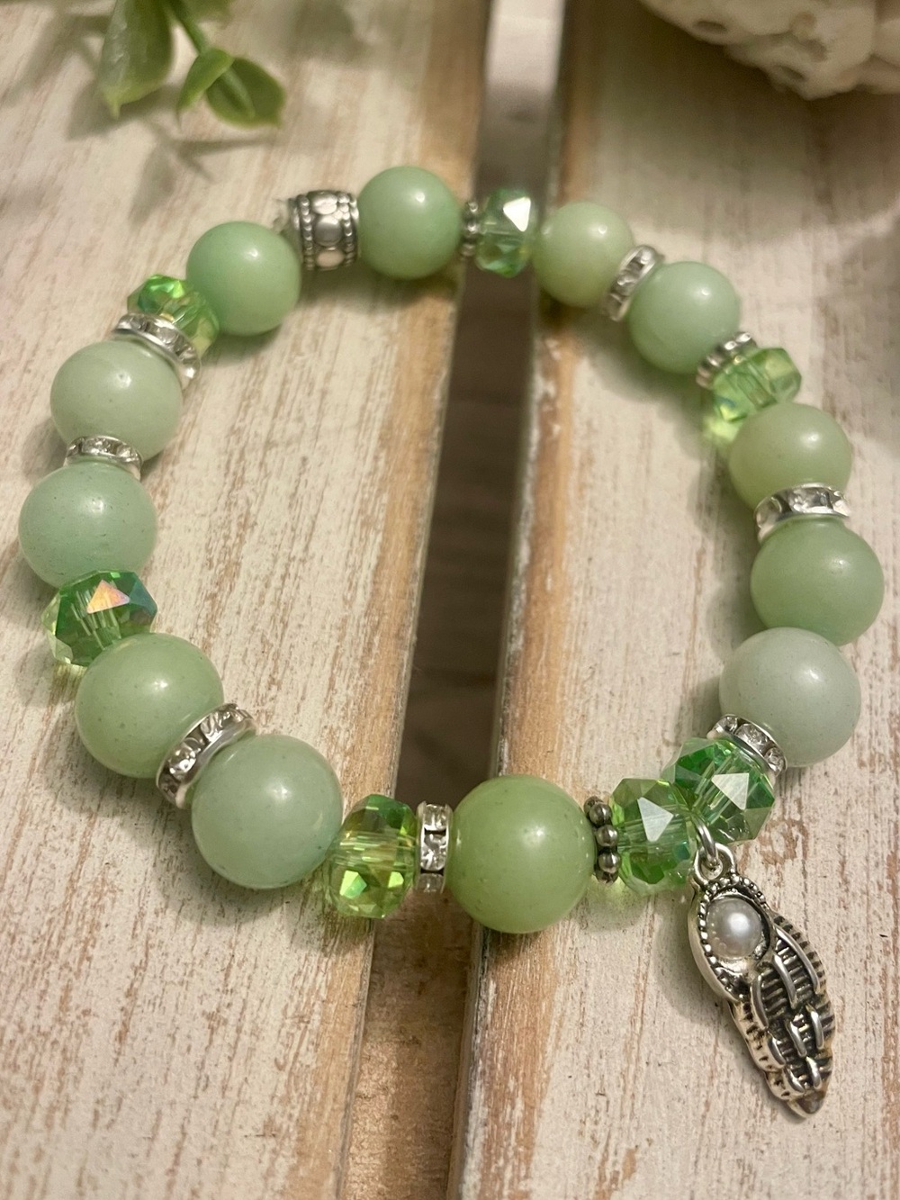 Green Amazonite and Silver Bracelet Shell Charm 10mm handmade beaded bracelet